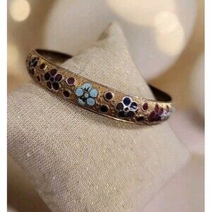 Vintage Cloisonne Flowers Goldtone Metal Enameled Flowers Bangle Bracelet